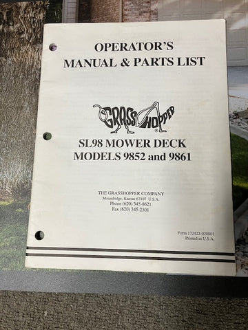 GRASSSHOPER MANUAL FOR SL98 Mower Deck9852 & 9861 #172422-020801